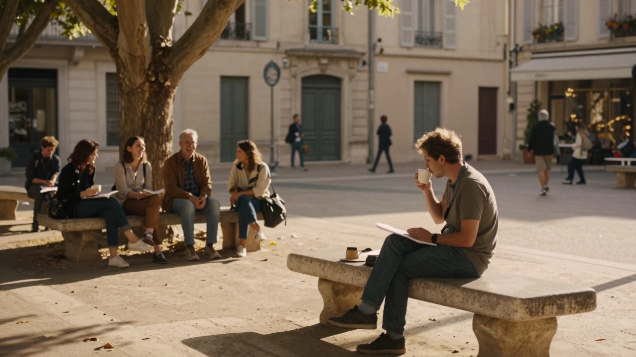 A peaceful scene on Cours Mirabeau in Aix-en-Provence with people enjoying quiet human connection.