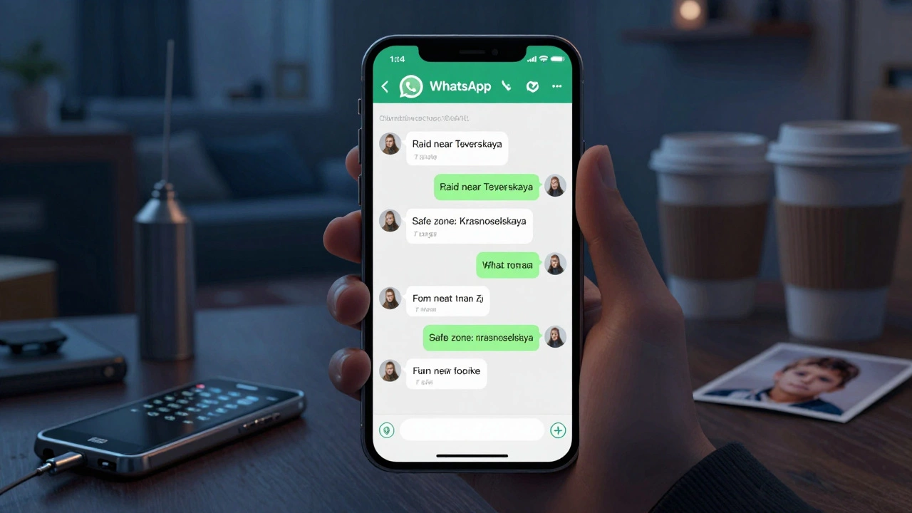 A smartphone displays encrypted messages warning of police raids, surrounded by personal items of an escort&#039;s daily survival toolkit.