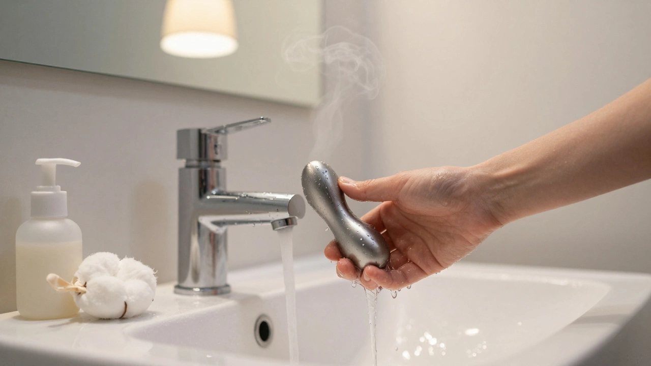 A steel sex toy being rinsed under warm water in a clean bathroom, with soap and cotton pouch nearby.