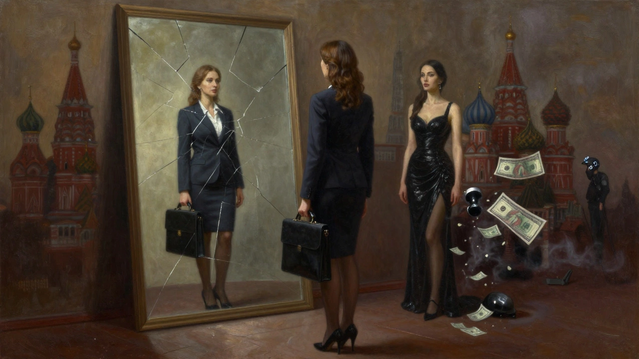 A woman faces a mirror showing two identities—one professional, one escort—symbolizing the hidden duality of her life in Russia.