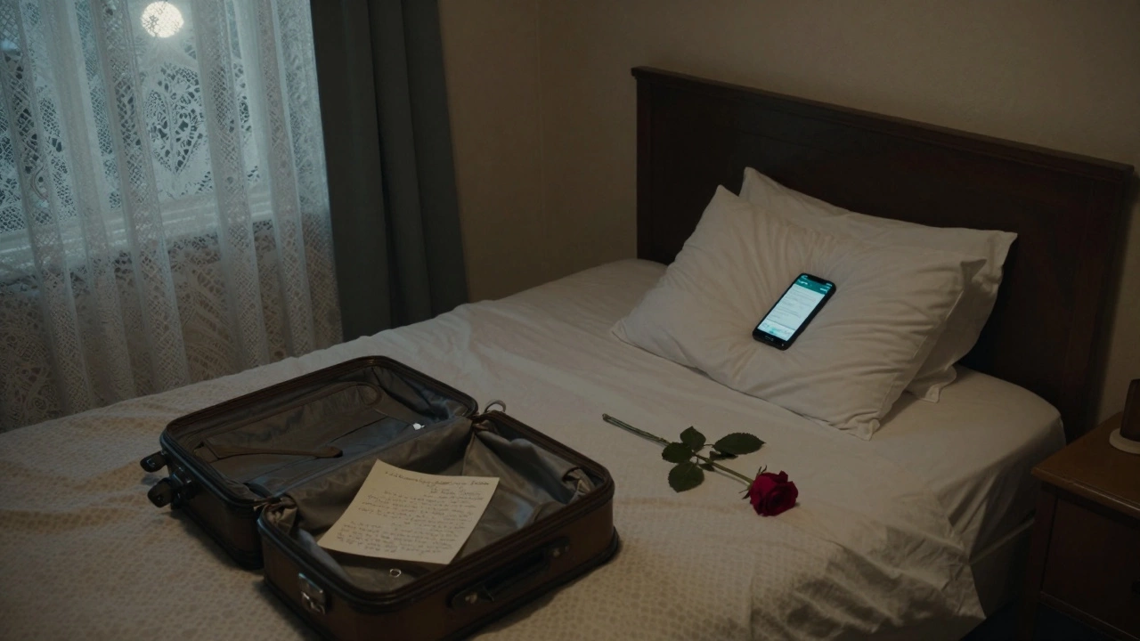 An empty hotel room with a deleted message on a phone and a wilting rose, conveying disappointment.
