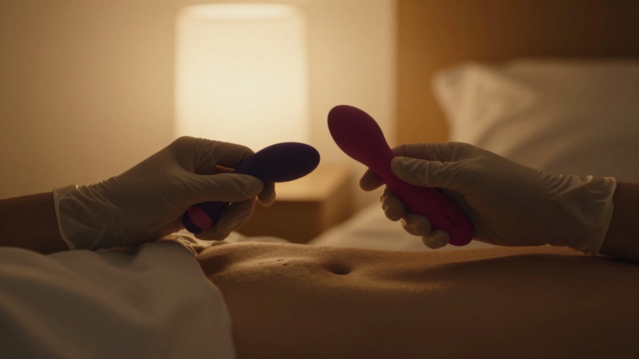 Two hands gently holding a steel dildo during intimate solo use, one end pressed against the body.